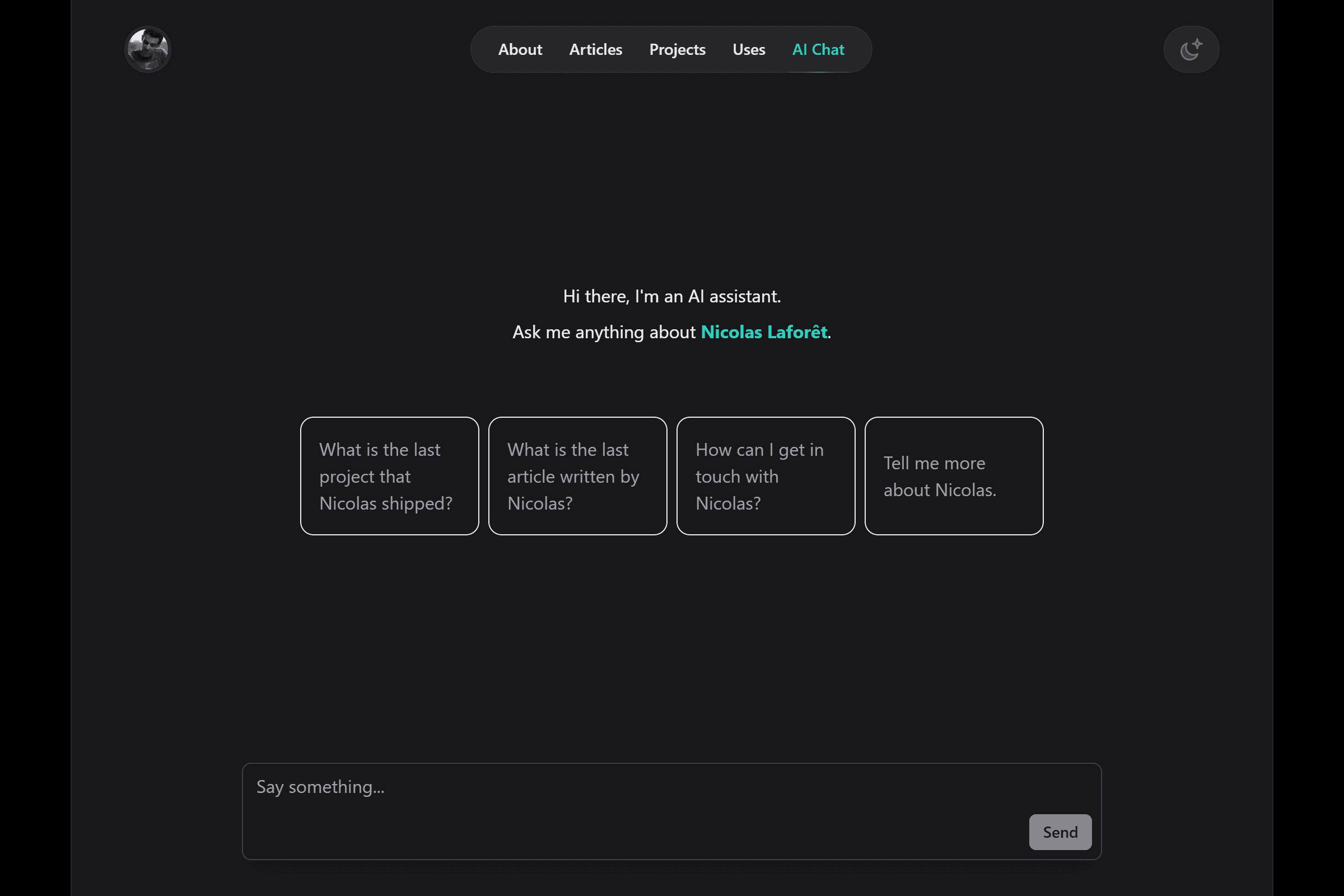 Chatbot page with the 4 suggested questions