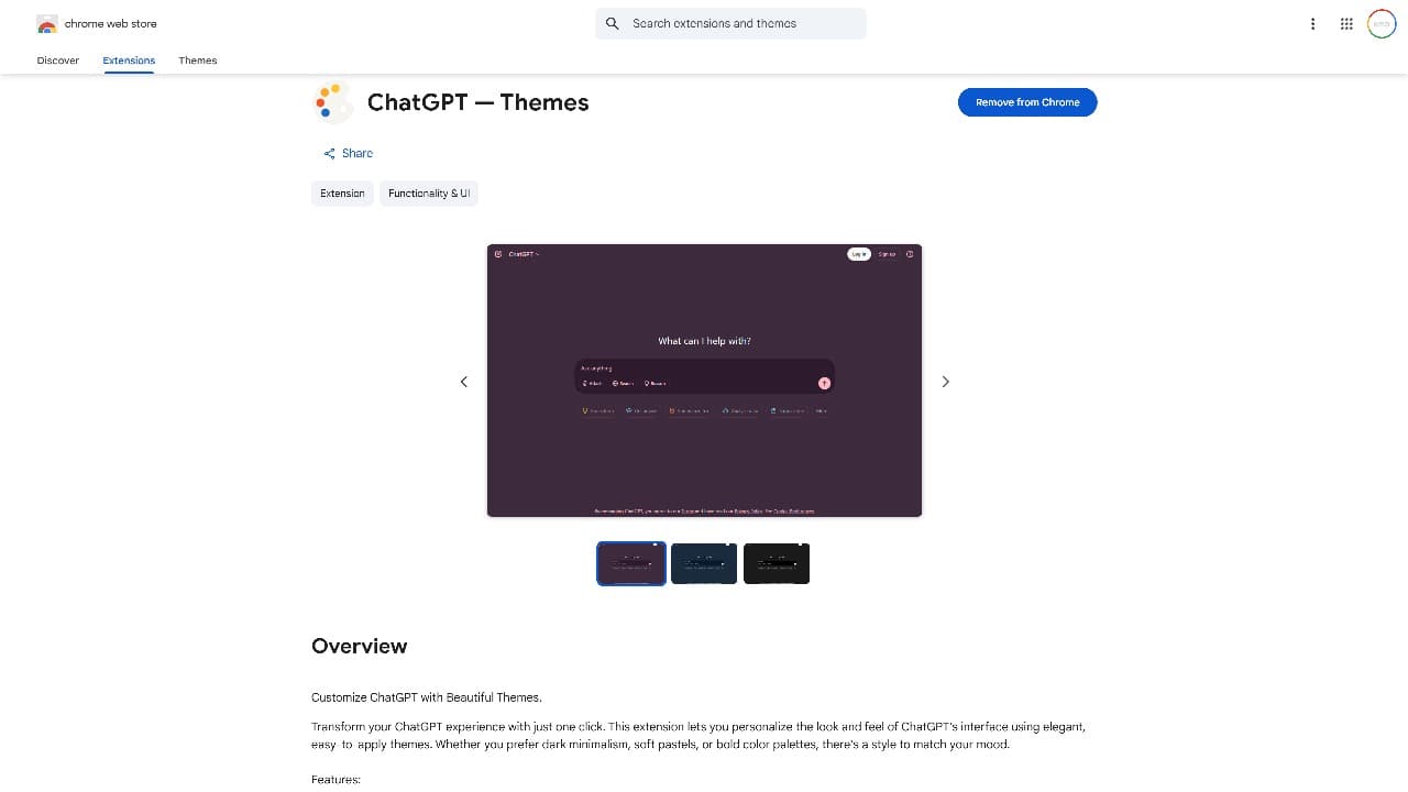 Chrome Web Store badge. It shows the Chrome Web Store page of the ChatGPT Themes extension.