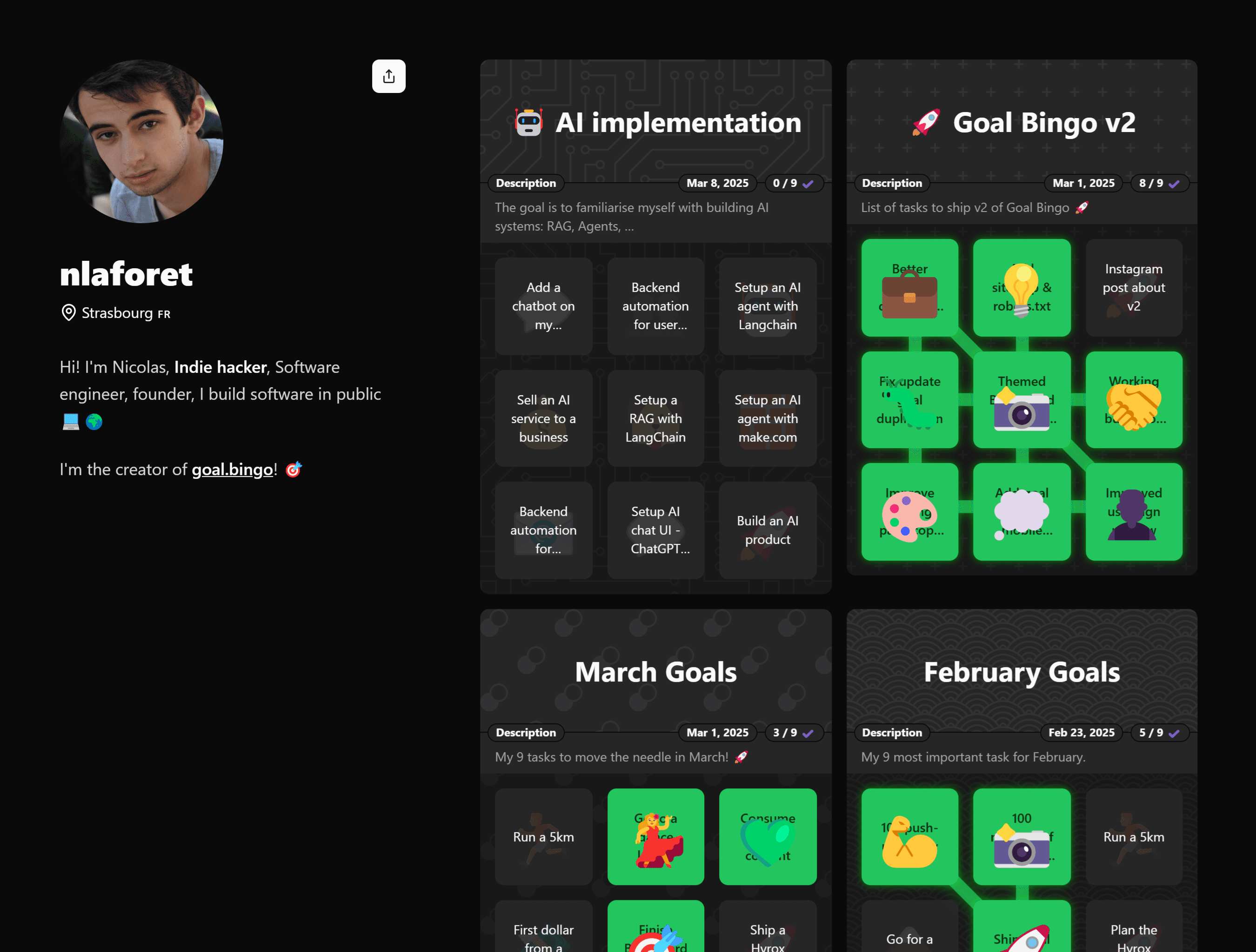Goal Bingo public page of nlaforet