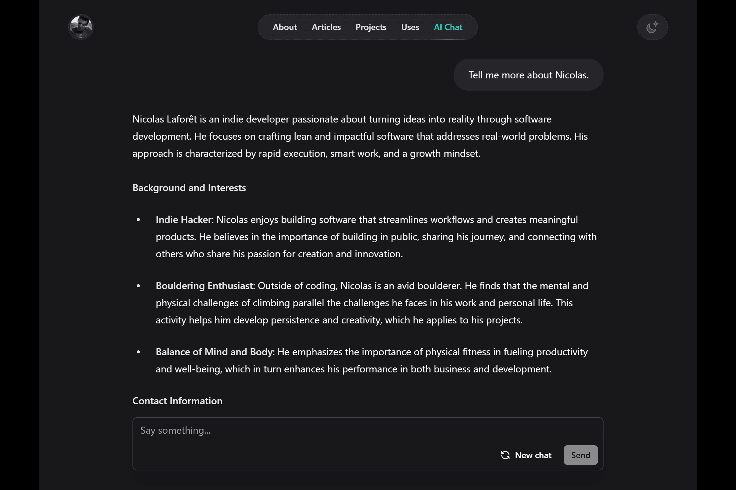 Chatbot page with the user's question, and the chatbot's response.